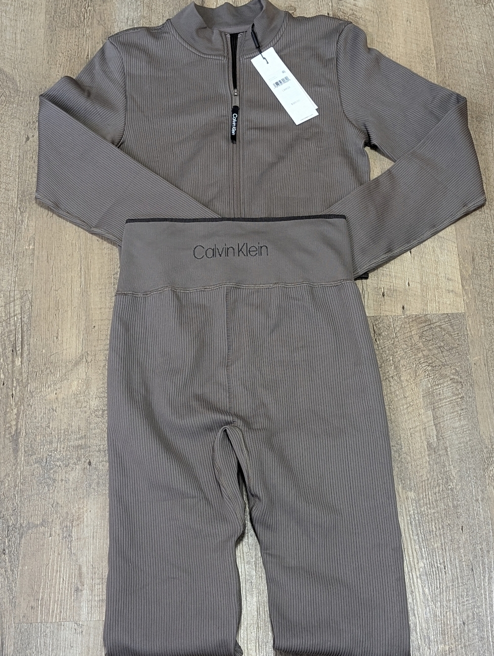 Calvin Klein 2 Piece Athletic Set: Ribbed 3/4 Zip Cropped Jacket And Leggings